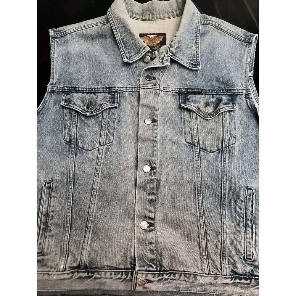 Vintage Harley Davidson Blue Jean Denim Vest Jacket Embroidered Logo Back XL